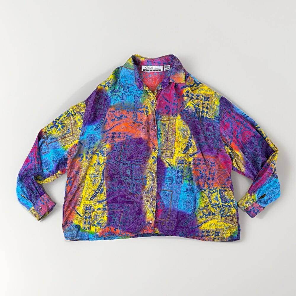Vintage 80s Diana Marco Rayon Button Up Shirt Size 16 Bold Multicolor‎ Abstract